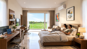 A spacious, modern bedroom suite featuring a large bed, work desk setups, and a balcony view of green lawns.