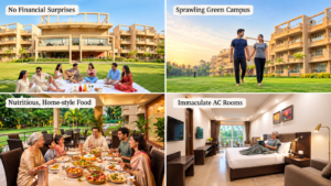 A 4-panel grid showcasing lifestyle amenities at Jagriti Dham, including outdoor picnics, lush lawns, family dining, and clean suite bedrooms.