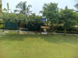 Green lawn with trees, a garden swing and walking paths at Jagriti Stays.